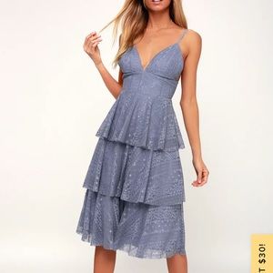 Endless Romance Light Blue Lace Ruffled Midi Dress